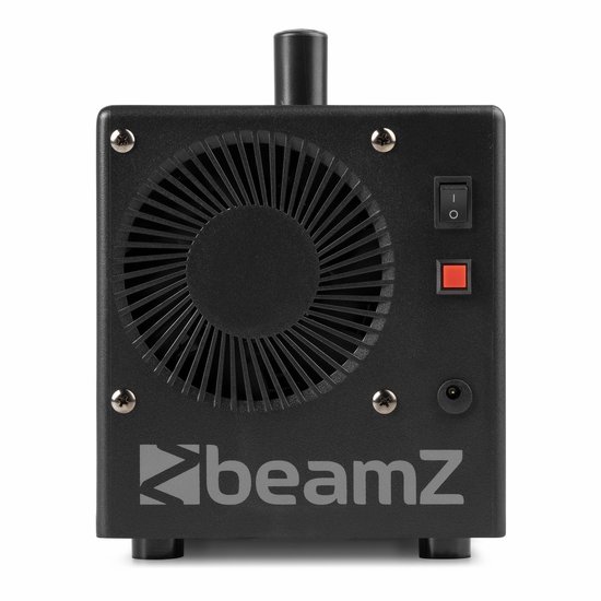 Achterkant van zwarte BeamZ bellenblaasmachine met ventilator, aan/uit schakelaar en stroomaansluiting.