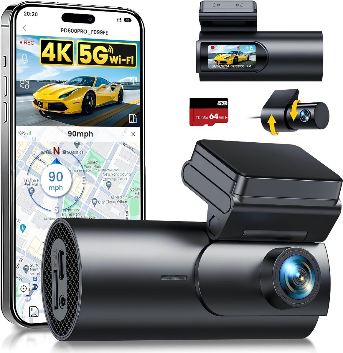 NIVA® Dashcam - 4k - Dashcam voor En Achter - Dashcam voor Auto - Zwart - 3cm x 5cm x 10cm