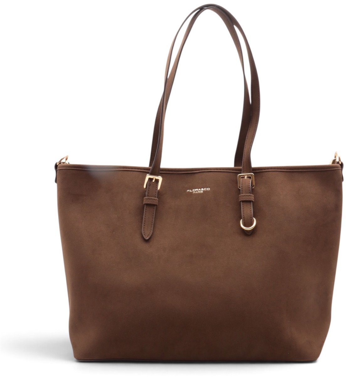 Flora&Co - STELLA - suède look - grote handtas/tote bag met lange instelbare draagriem - chocolat/bruin - geschikt voor A4 - ideaal voor school- of werktas