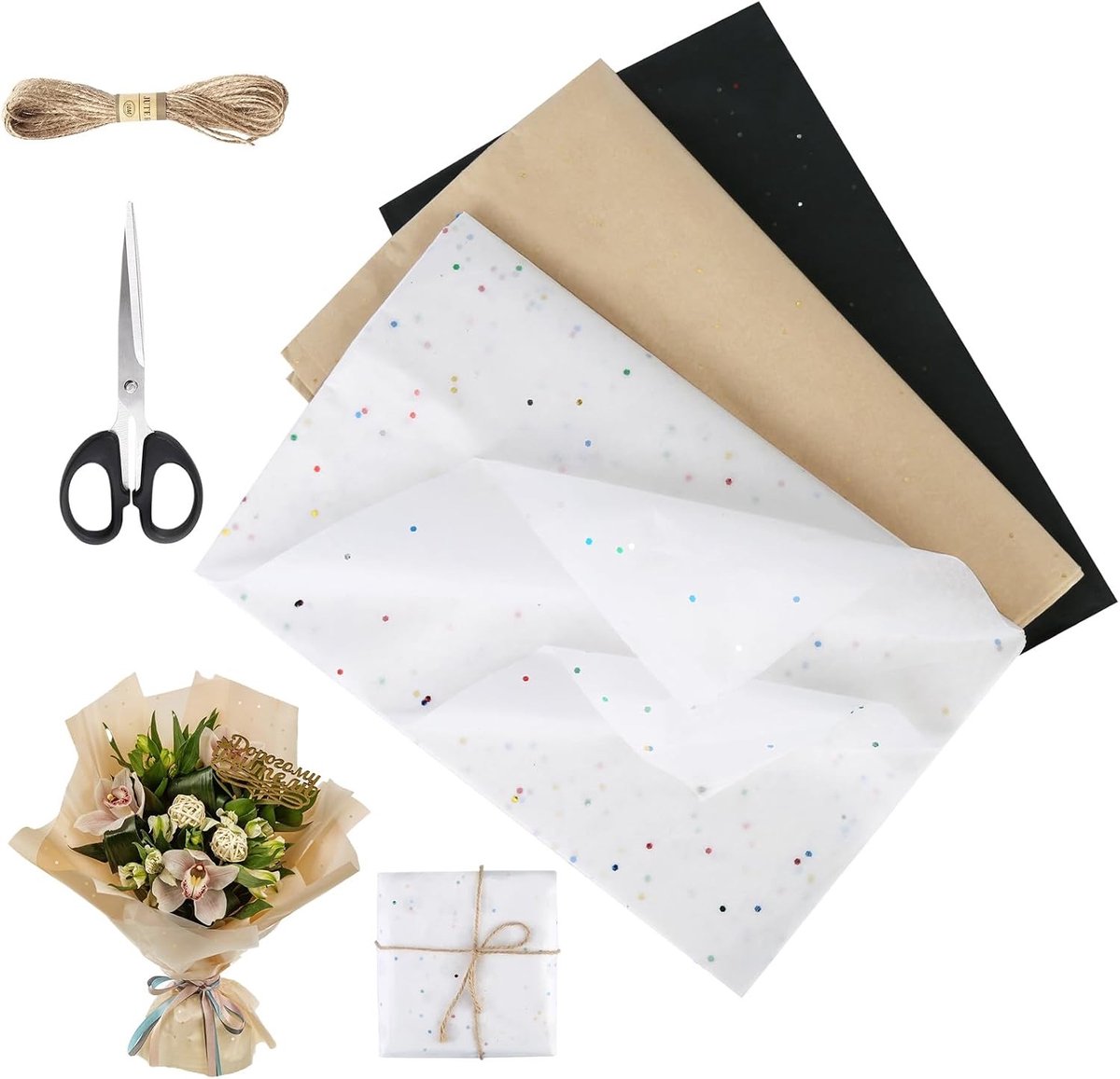 Cadeaupapier - Glitter - 50 x 66 cm - Zijdepapier met Schaar en Koord - Voor Verjaardagen en Feesten