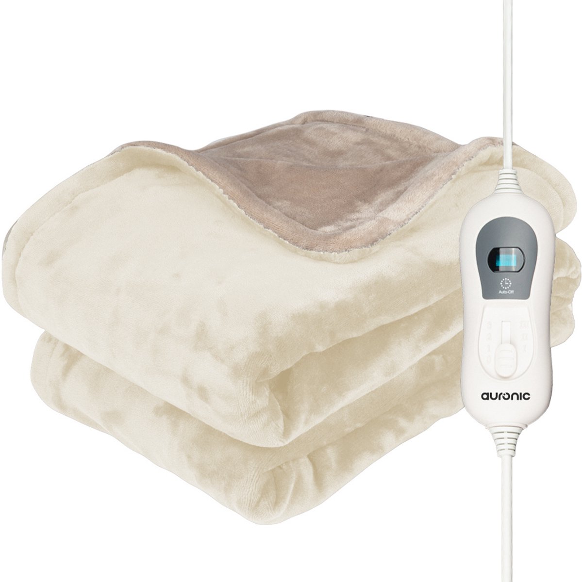 Auronic Elektrische Deken - 160 x 120 cm - 1 Persoons Warmtedeken - 3 Warmtestanden met Timer - Verwarmingsdeken - Beige