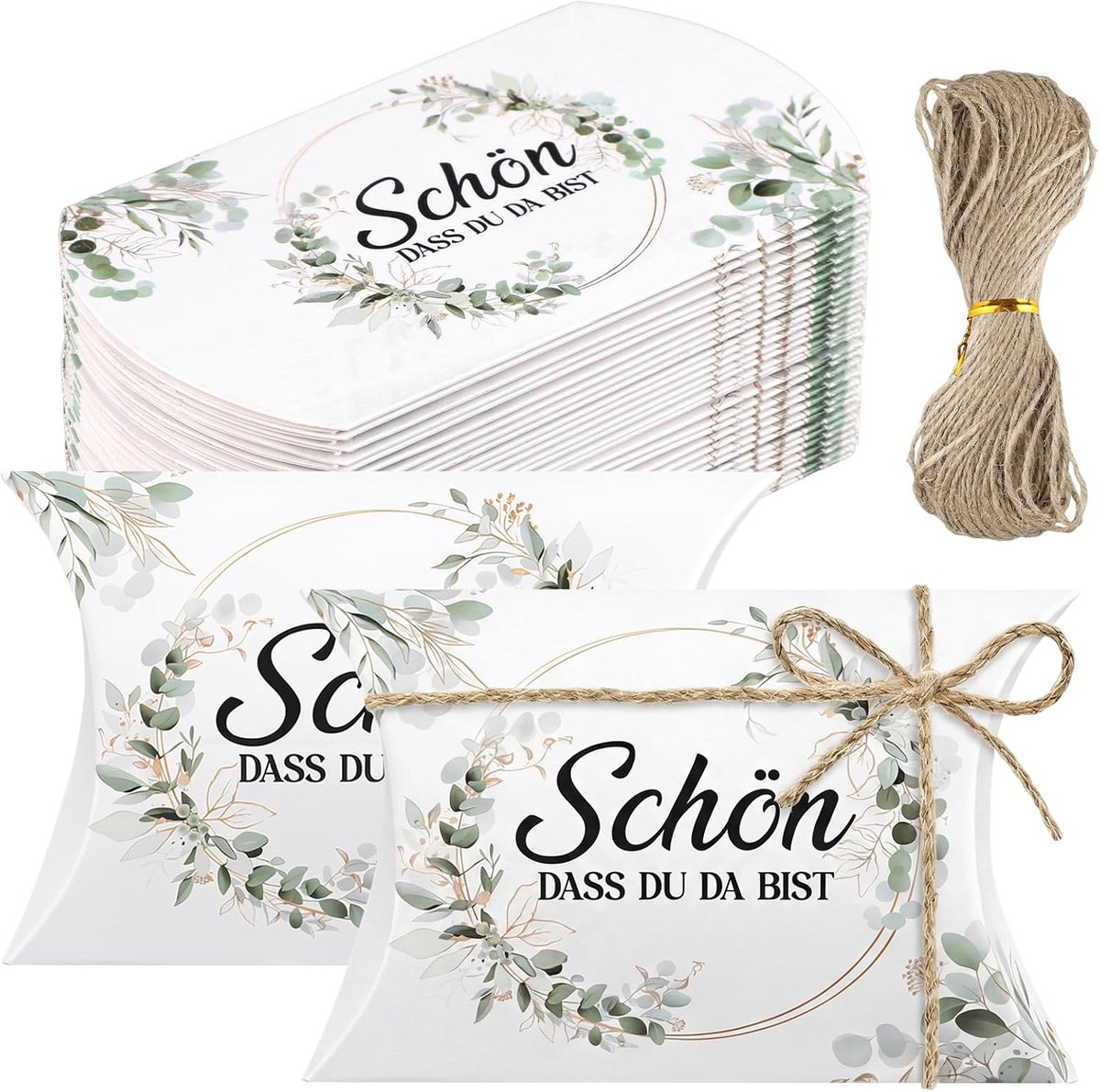 geschenkdozen 60 stuks - eucalyptusbladpatroon - 'Schön, dass du da bist' - perfect voor tafeldecoratie - ShopVlot