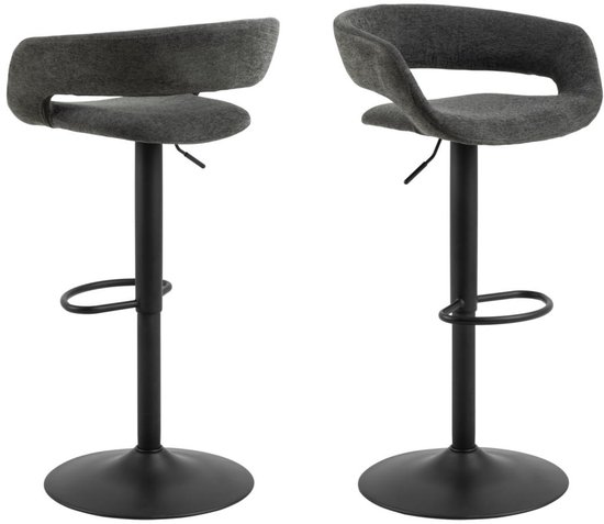 Deux tabourets de bar gris avec assise et dossier en tissu, hauteur réglable et repose-pieds en métal.