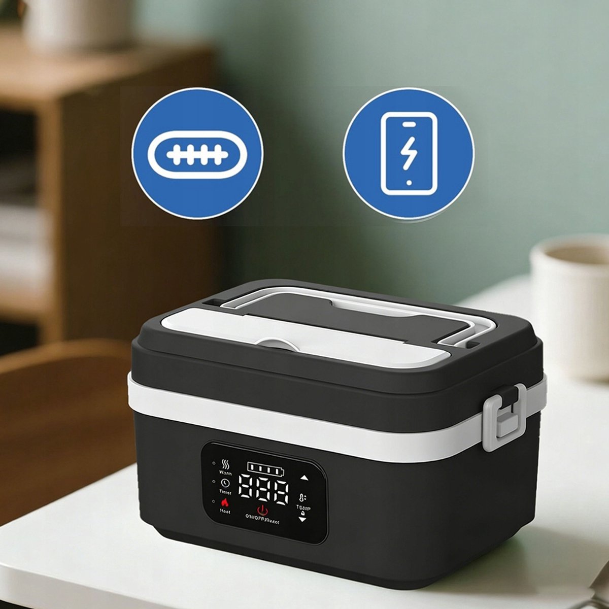 Elektrische Lunchbox - Verwarmde Bento Box - Thermos Lunchbox - 1000 ml - 60W Snel Verwarmend - 6 Temperatuurstanden - Voorverwarmen - ook Powerbank - met Isolatietas - Draagbare Broodtrommel - Voor Kantoor & School & Auto - Zwart en Wit — cadeau in Kookcadeaus - foto 5