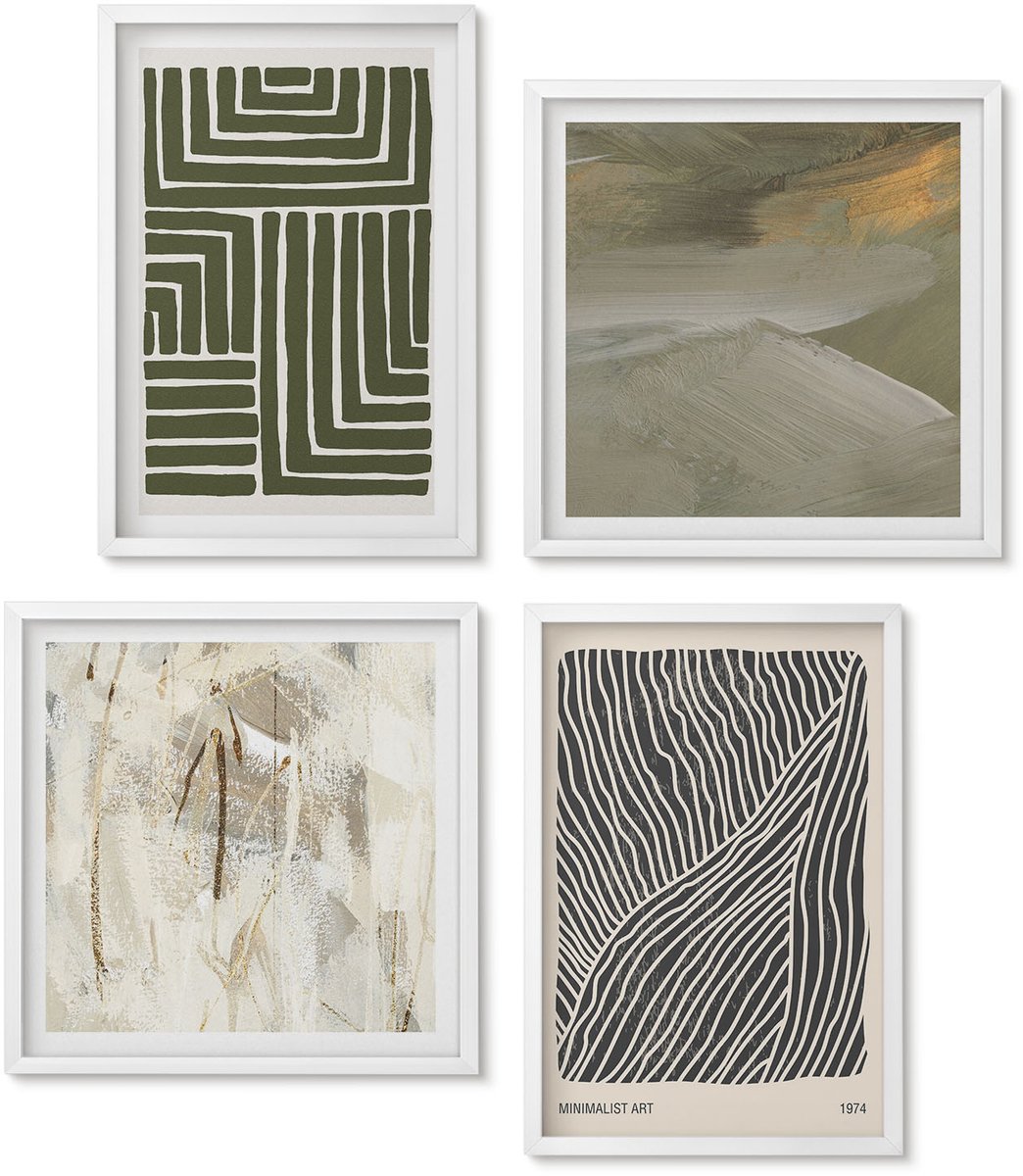 Wallfluent 4-Delige Schilderij Set - Patronen Van Lijnen En Vormen In Groene Tinten - 40 x 40 En 40 x 60 - Schilderijen Set - Wanddecoratie - Woonkamer - Muurdecoratie