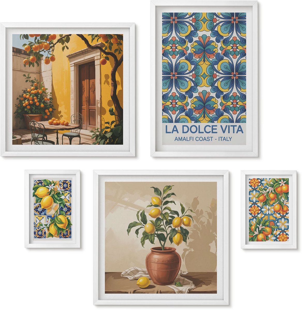 Wallfluent 5-Delige Schilderij Set - Italiaanse Citrusmotieven In Mediterrane Stijl - 50 x 50 cm, 20 x 30 cm En 40 x 60 cm - Moderne Wanddecoratie - Woonkamer - Woonkamer Decoratie