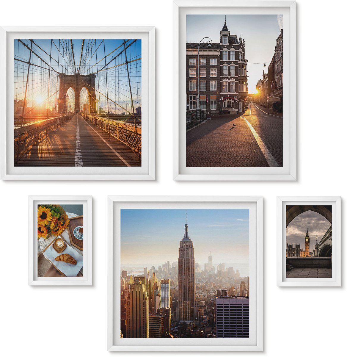 Wallfluent 5-Delige Schilderij Set - Charmante Steden, Architectonische Uitzichten En Zonsondergangen - 50 x 50 cm, 20 x 30 cm En 40 x 60 cm - Muurdecoratie - Decoratieve Schilderijen - Wohnzimmer - Stijlvolle Muurdecoratie
