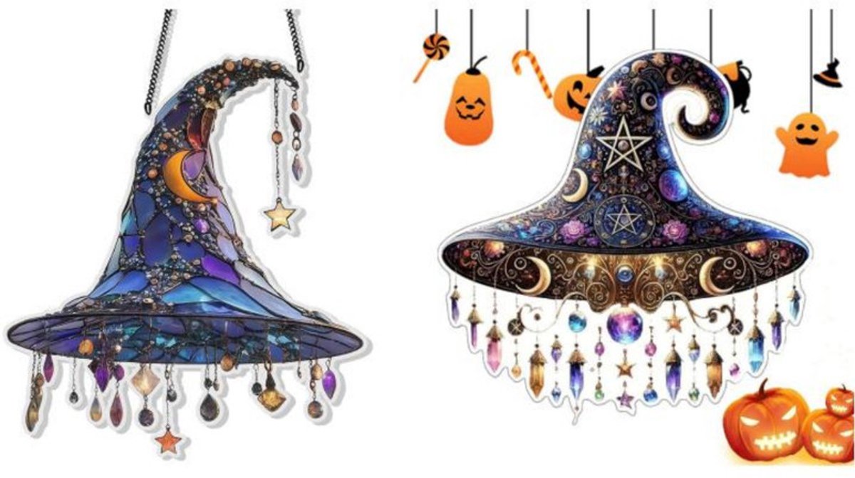 Platte 2D-hangdecoraties van acryl voor Halloween - 2 stuks - 20 x 0,2 cm – Ontwerp met heksenhoed – Hangende decoratie voor ramen en tuin – Decoratie voor binnen – Leuke Halloween-raamversiering – Geschikt voor ramen, keukens en woondecoratie
