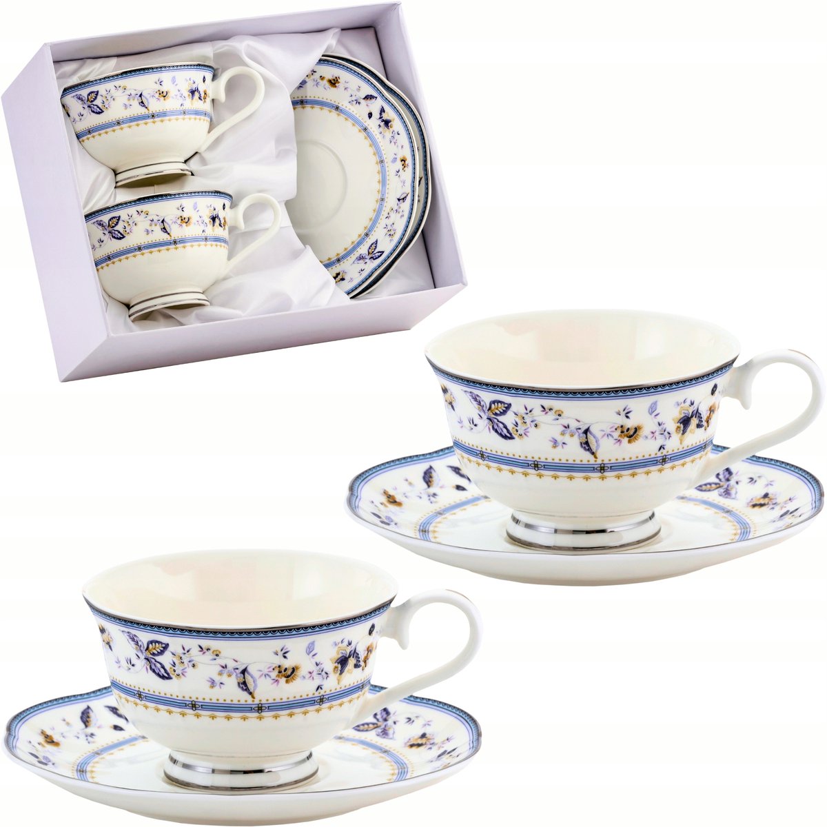 2x Porseleinen Kopjes met Schotels 250ml - Bloemenmotief