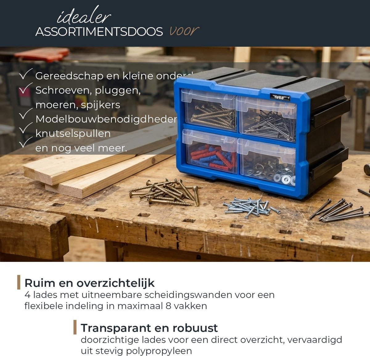 Schroeven opbergsysteem met laden - Blauw-Zwart - 29,5 x 19,5 x 16 cm - Kunststof sorteerbox met 8 vakken - Voor kleine onderdelen