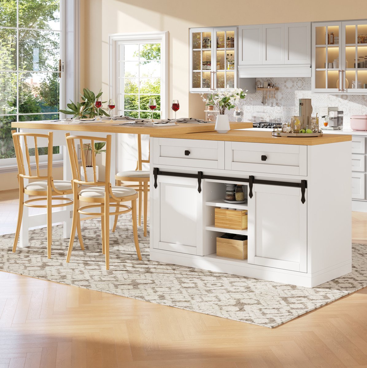 Keuken Eettafel Met 360 Graden Draaibaar Uitbreidbaar Blad Schuifdeuren En Twee Lades Voor Keuken En Eetkamer Van MDF En Metaal Wit
