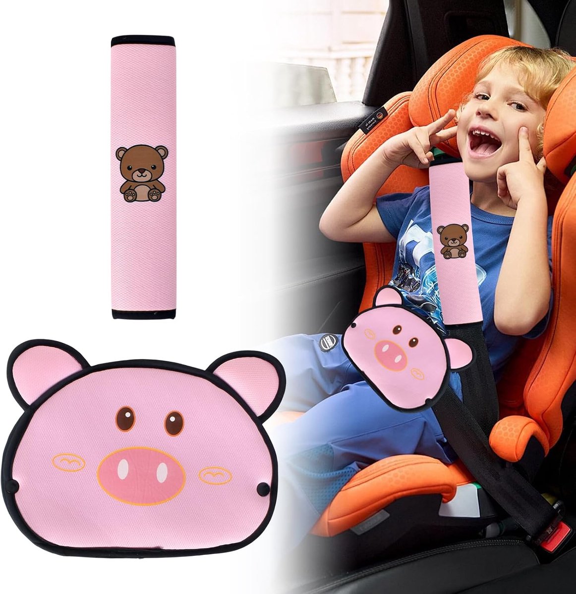 Gordelbeschermer auto - roze varkenpatroon - afneembaar - veilig en comfortabel voor kinderen - ShopVlot