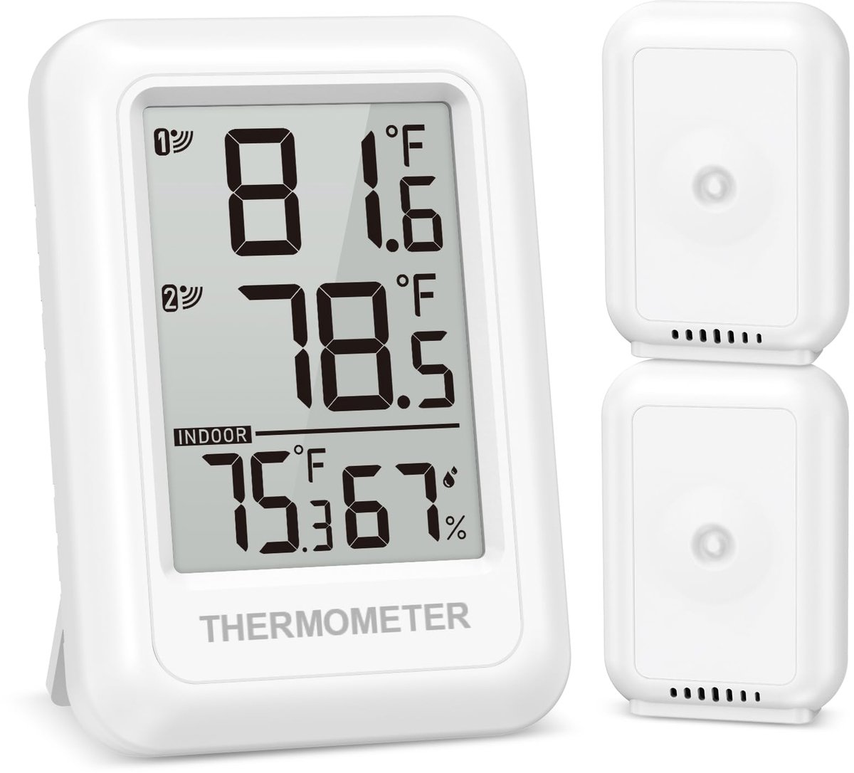 Thermo-hygrometer met 2 draadloze buitensensoren - thermometer binnen en buiten - schakelaars ℃/℉ - ShopVlot