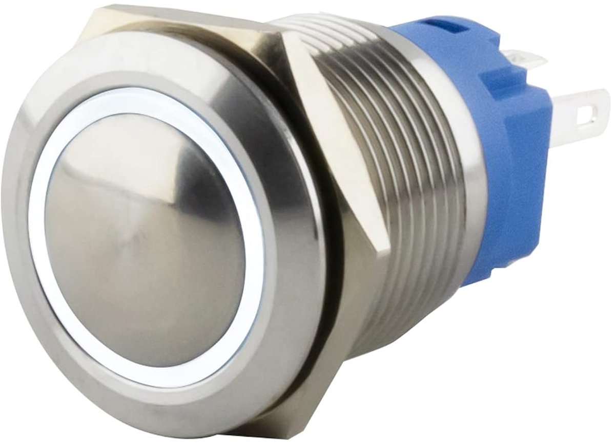 Drukschakelaar 16 mm - RVS - Curved kopvorm - Verlichte LED-ring in wit - ShopVlot