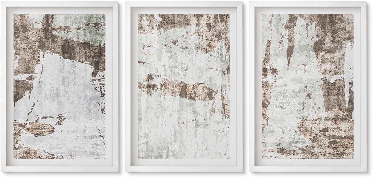 Wallfluent 3-Delige Schilderij Set - Abstracte Patronen In Tinten Wit En Bruin. - 40 x 60 - Muurdecoratie - Wanddecoratie - Hal