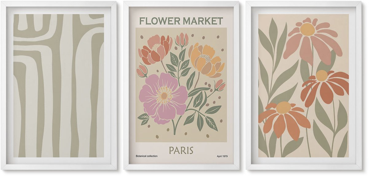 Wallfluent 3-Delige Schilderij Set - Poster Met Botanische Motieven, Parijse Minimalistische Stijl - 40 x 60 - Wanddecoratie - Schilderijen Set - Kantoor - Woonkamer Decoratie