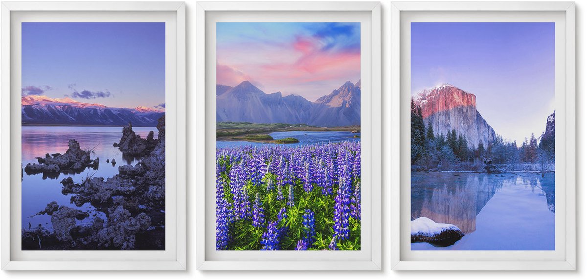 Wallfluent 3-Delige Schilderij Set - Berglandschappen Met Water, Lucht En Bloemenvelden - 40 x 60 - Wanddecoratie - Schilderijen Set - Kantoor - Decoratieve Schilderijen