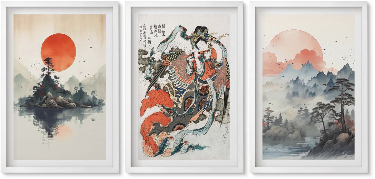 Wallfluent 3-Delige Schilderij Set - Aziatische Schilderijen: Landschappen En Portretten In De Japandi-Stijl. - 40 x 60 - Wanddecoratie - Schilderijen Set - Kantoor - Interieur Decoratie