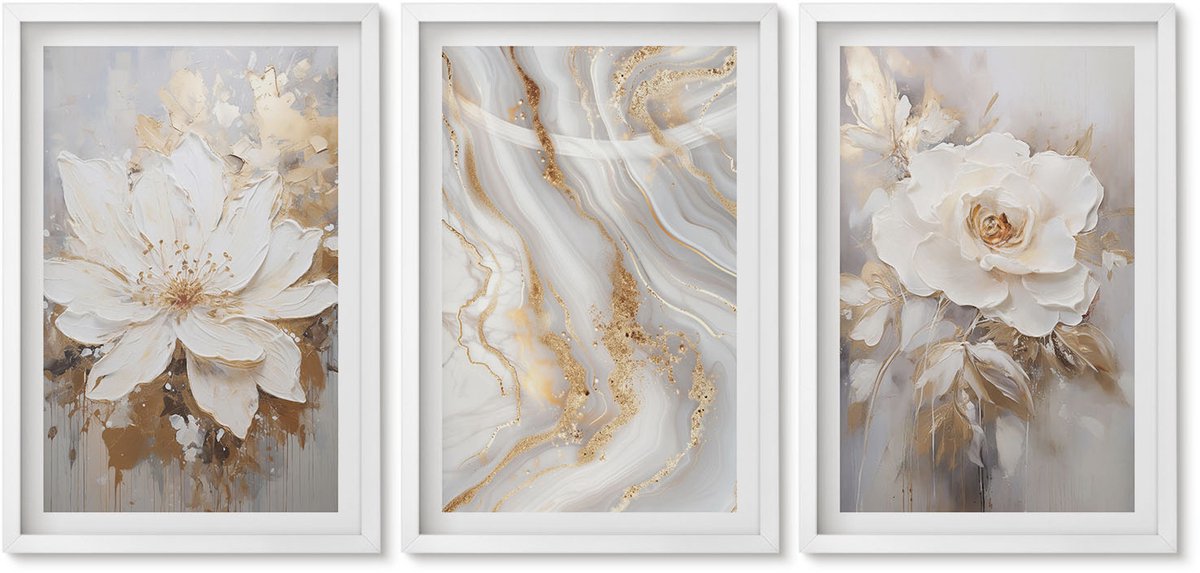 Wallfluent 3-Delige Schilderij Set - Bloemen En Abstract Marmerpatroon - 40 x 60 - Stijlvolle Wanddecoratie - Interieur - Muurdecoratie