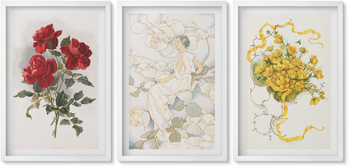 Wallfluent 3-Delige Schilderij Set - Rode Rozen In Een Witte Vaas Met Gele Bloemen. - 40 x 60 - Stijlvolle Wanddecoratie - Interieur - Muurdecoratie