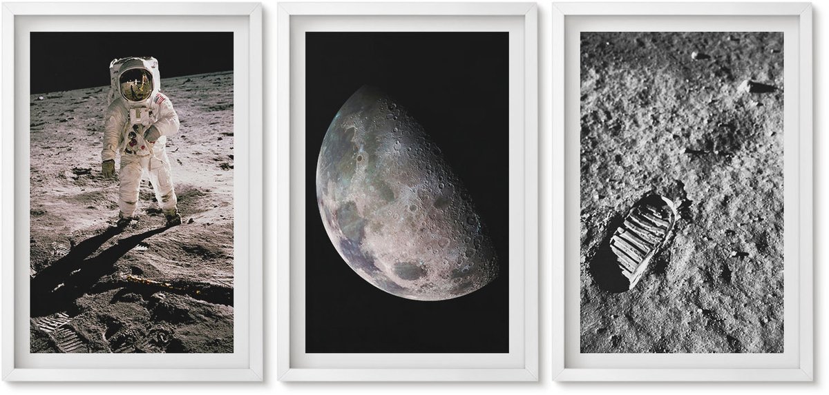 Wallfluent 3-Delige Schilderij Set - Foto'S Van Astronautenvoetafdrukken Op De Maan - 40 x 60 - Muurdecoratie - Schilderijen Set - Woonkamer - Stijlvolle Muurdecoratie