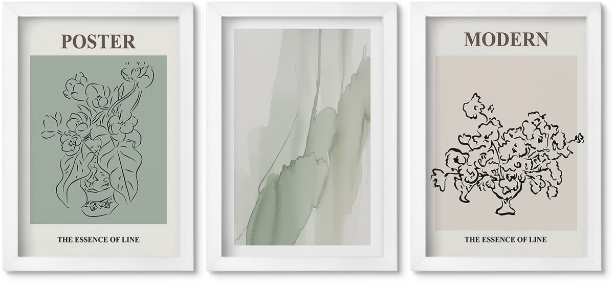 Wallfluent 3-Delige Schilderij Set - Bloemen In Een Vaas In Een Moderne En Minimalistische Stijl. - 20 x 30 - Wanddecoratie - Schilderijen Set - Interieur - Muurdecoratie