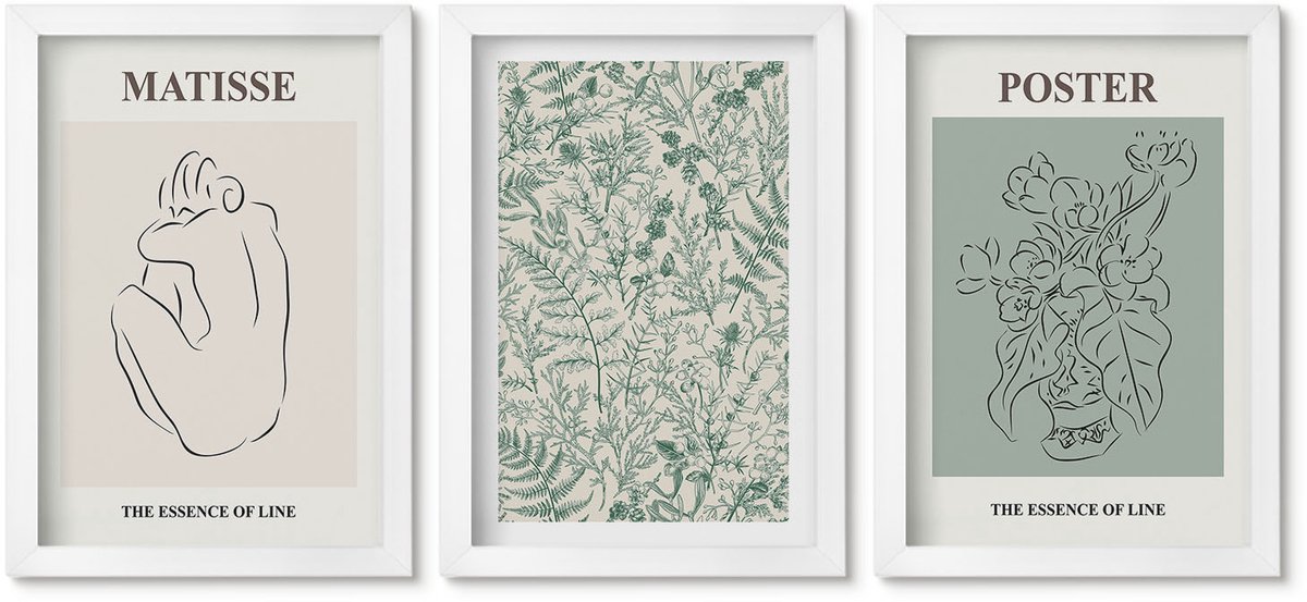 Wallfluent 3-Delige Schilderij Set - Lijnen En Plantmotieven In Een Minimalistische Stijl. - 20 x 30 - Muurdecoratie - Interieur Decoratie - Stijlvolle Muurdecoratie