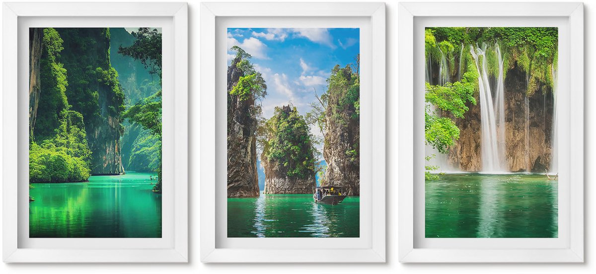 Wallfluent 3-Delige Schilderij Set - Groene Landschappen Met Watervallen En Rotsen - 20 x 30 - Muurdecoratie - Decoratieve Schilderijen - Wohnzimmer