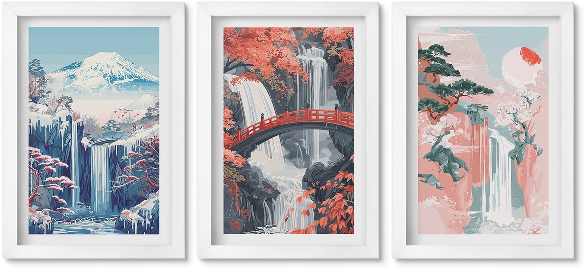 Wallfluent 3-Delige Schilderij Set - Watervallen, Bergen Met Een Brug En Bloeiende Bomen - 20 x 30 - Muurdecoratie - Decoratieve Schilderijen - Wohnzimmer - Interieur Decoratie