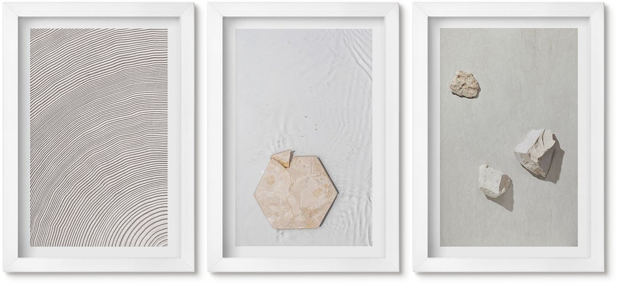 Wallfluent 3-Delige Schilderij Set - Lichte Texturen Op Zand, Delicate Boho-Stijl - 20 x 30 - Decoratieve Schilderijen - Woonkamer - Interieur - Stijlvolle Muurdecoratie
