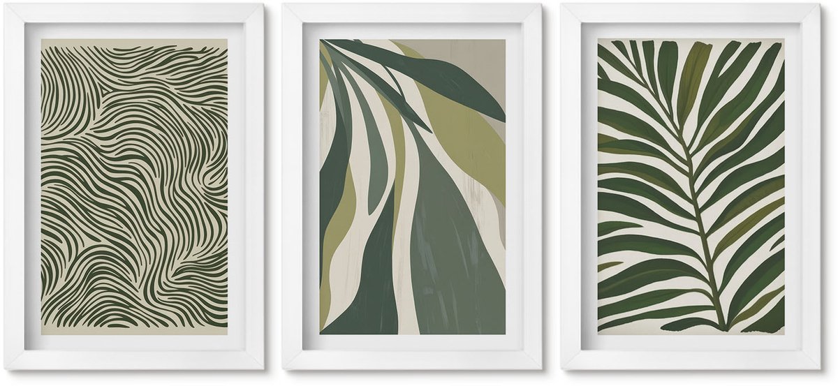 Wallfluent 3-Delige Schilderij Set - Bladpatronen En Golvende Lijnen In Groene Tinten - 20 x 30 - Muurdecoratie - Wanddecoratie - Slaapkamer - Interieur Decoratie