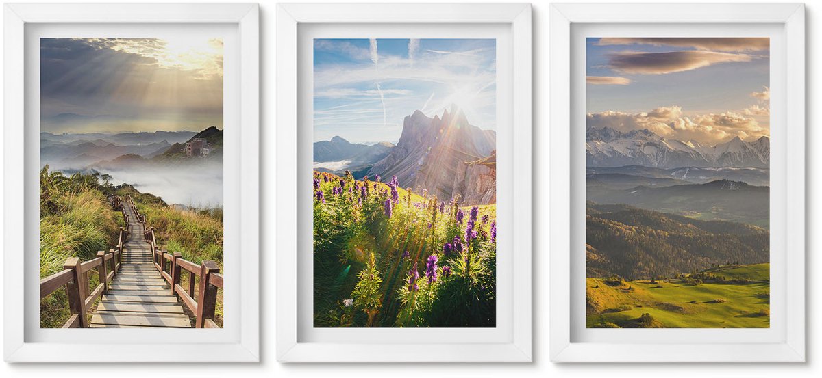 Wallfluent 3-Delige Schilderij Set - Berglandschappen Met Bloemen, Lucht En Pad. - 20 x 30 - Muurdecoratie - Interieur Decoratie - Moderne Wanddecoratie