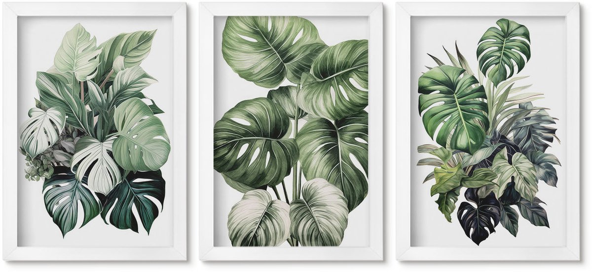 Wallfluent 3-Delige Schilderij Set - Groene Bladeren Van Tropische Planten, Aquarelverf - 20 x 30 - Decoratieve Muurdecoratie - Slaapkamer - Woonkamer Decoratie