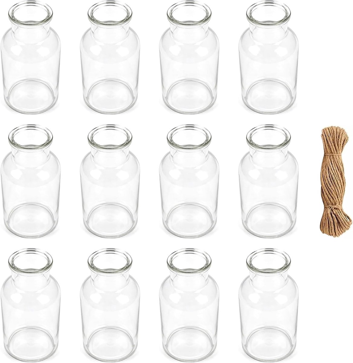 12 stuks kleine glazen vazen, mini-fles, decoratie, tafel, 125 ml, transparant, 10 x 6 cm, decoratie met henneptouw - ShopVlot