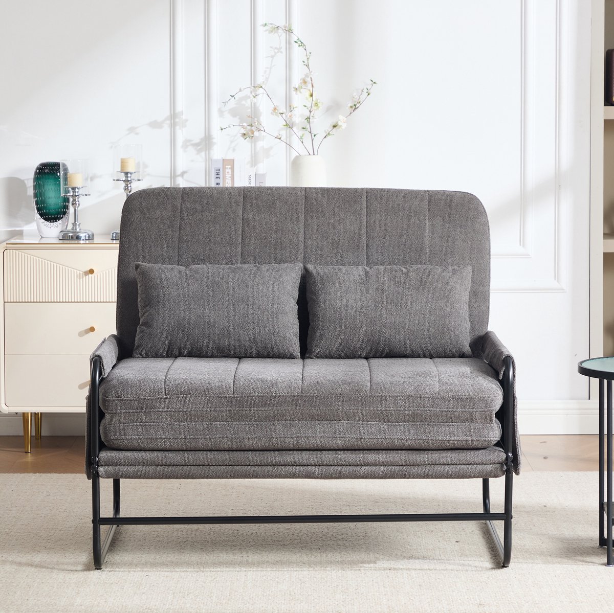 Slaapbank 2 Zits 104 Cm Met Metalen Frame En Zijvakken Voor Woonkamer Kantoor Appartement En Logeerkamer Chenille Grijs