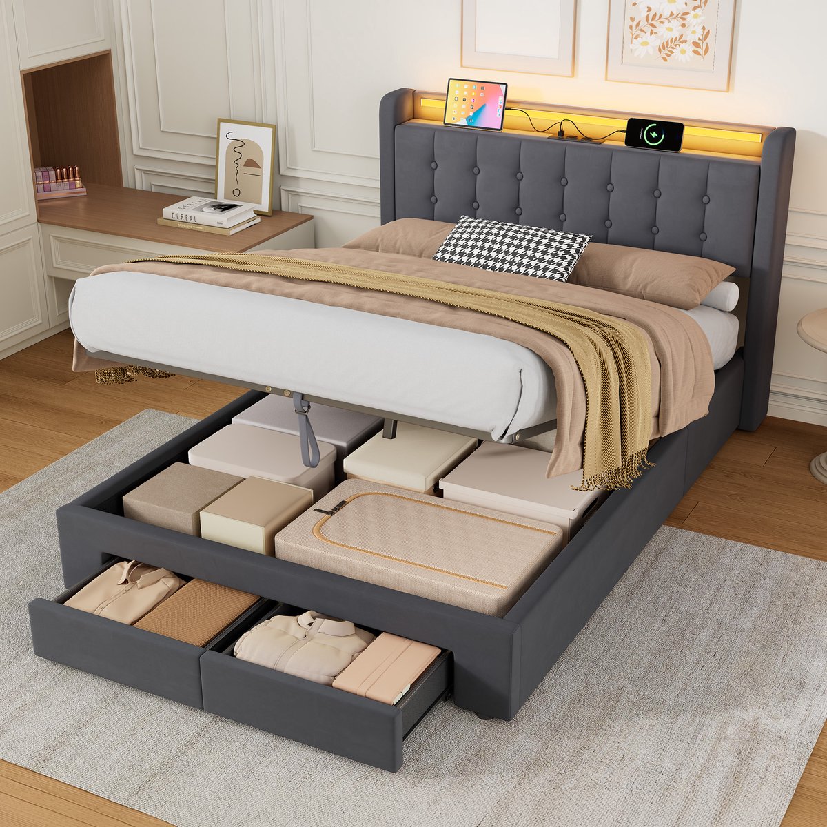 HAUSS SPOLE Gestoffeerd Bedframe 140x190 Cm Zonder Matras - Met Opbergruimte, Usb Poort En Ledverlichting - Voor Slaapkamer En Logeerkamer - Fluweel - Donkergrijs