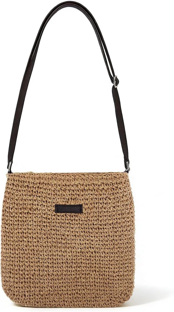 Women's Straw Shoulder Bag, Handwoven Shoulder Bag with Adjustable Leather Strap, Lightweight Crossbody Bag with Zip - ShopVlot