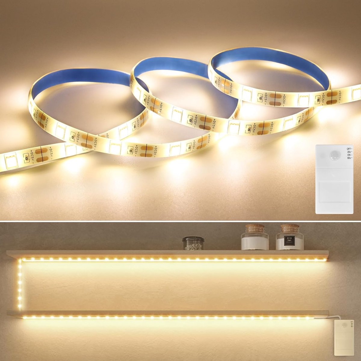 Auting Ledstrip met bewegingsmelder, 1 m, 3500 K, warmwit, ledstrip met timerfunctie, lichtketting met - ShopVlot