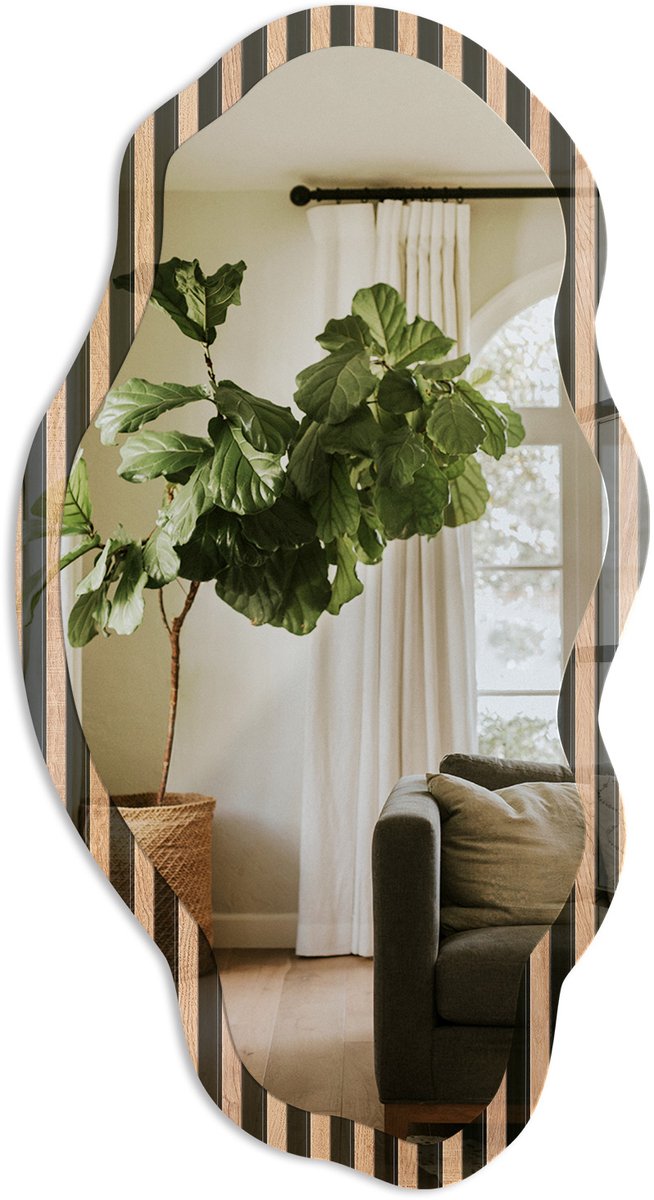 TULUP Moderne Lamellen Spiegel - Bruin Strakke Rechthoekige Spiegel - Organische Spiegel - Woonkamer, Kantoor, Hal - Modern - 45x90 cm - Totale afmeting 52x97 cm Moderne Latten, Bruin