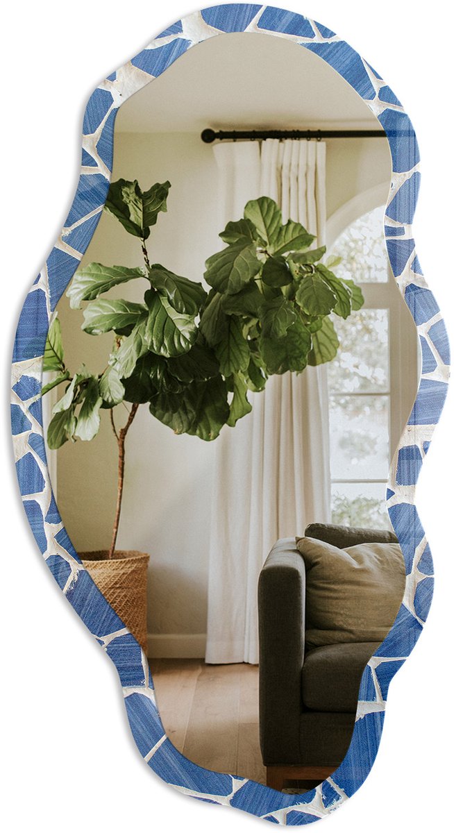 Tulup Blauw Mozaïek Spiegel - Blauw Rechthoekige Spiegel Voor Interieur - Organische Spiegel - Woonkamer, Kantoor - Klassiek - 45x90 cm - Totale afmeting 52x97 cm
