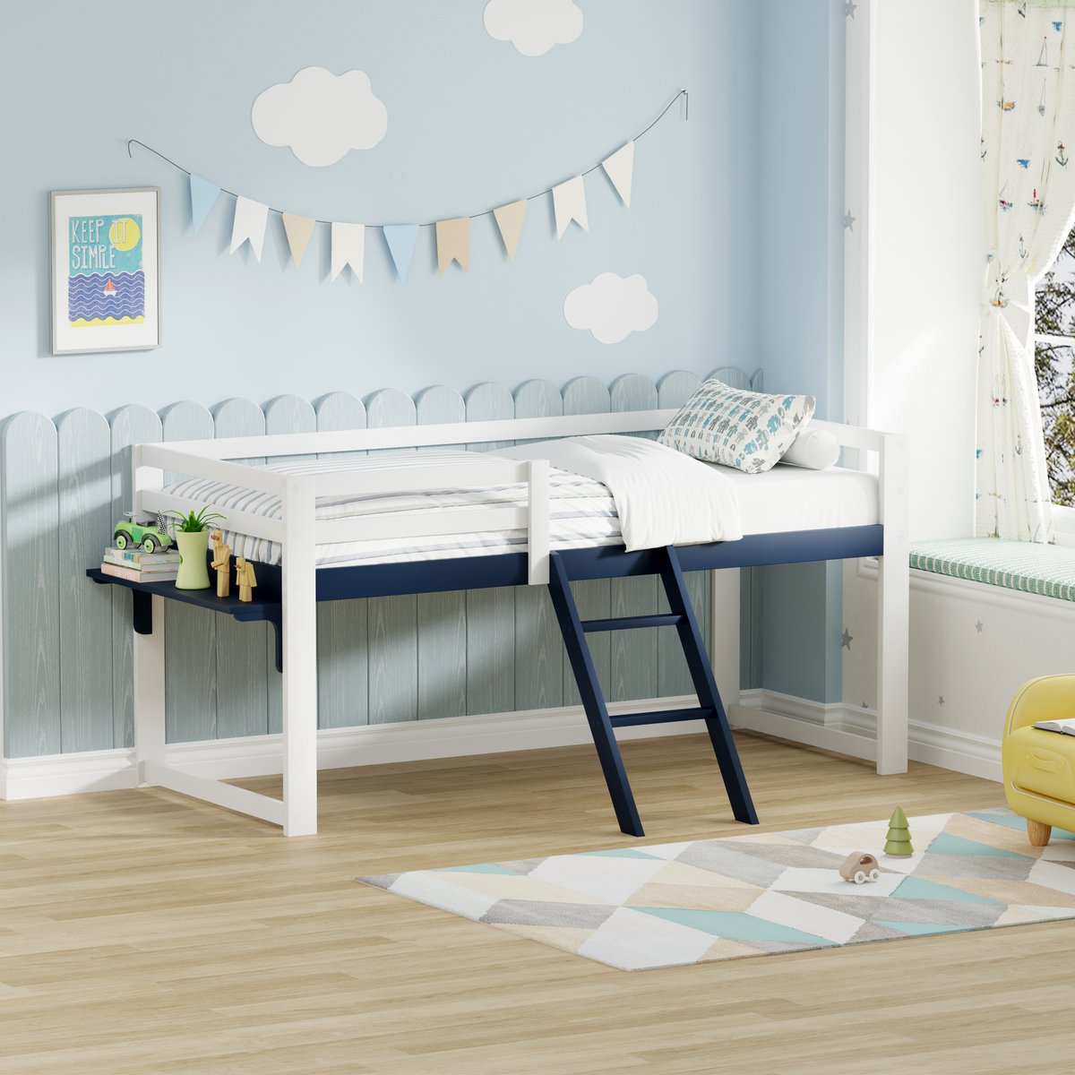 Hoogslaper - 90 x 200 cm - 1-persoons - met ladder - Wit en Blauw