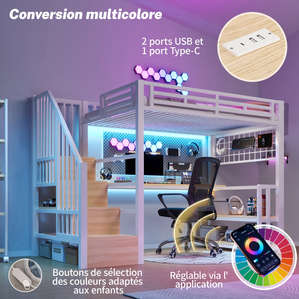 Hoogslaper - 90 x 200 cm - 1-persoons - met bureau - met opbergruimte - met LED-verlichting - met USB en stopcontact - Wit