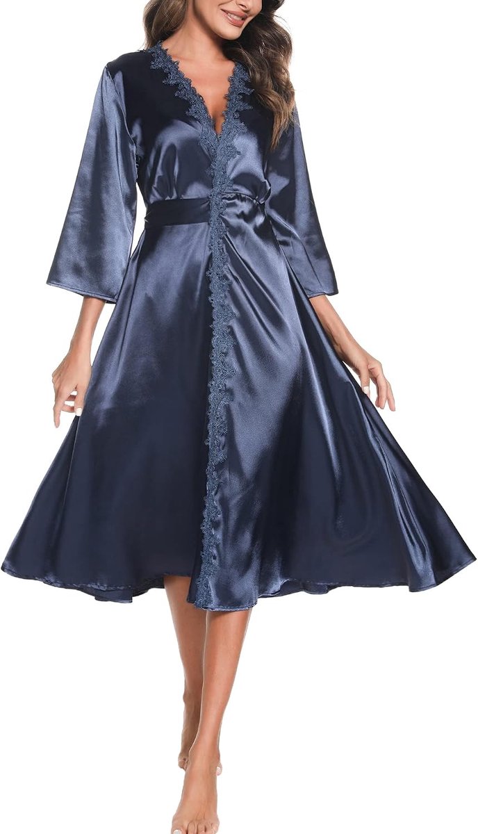 Aranmei Bathrobe Ladies Kimono Satin Bathrobe Long Robe Wedding Bridesmaid Lace Nightdress Spring/Autumn Dressing Gown - ShopVlot