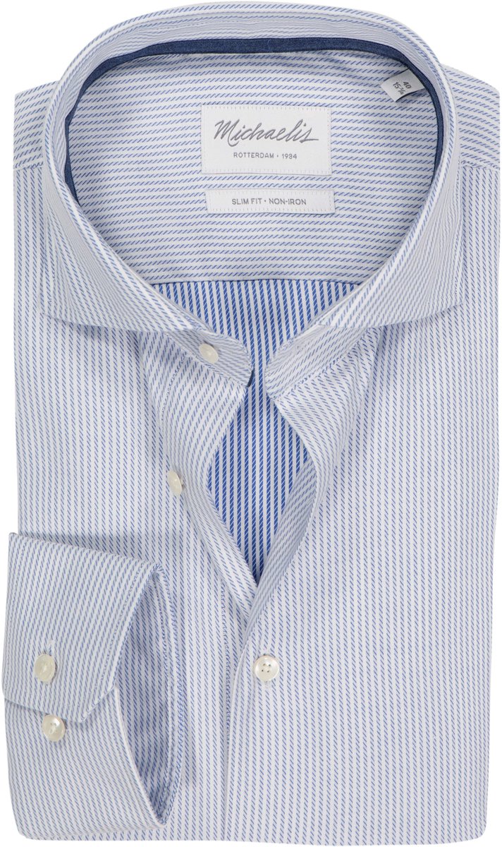 Michaelis slim fit heren overhemd - twill - lichtblauw gestreept - Strijkvriendelijk - Boordmaat: 40 (EU maat: M)