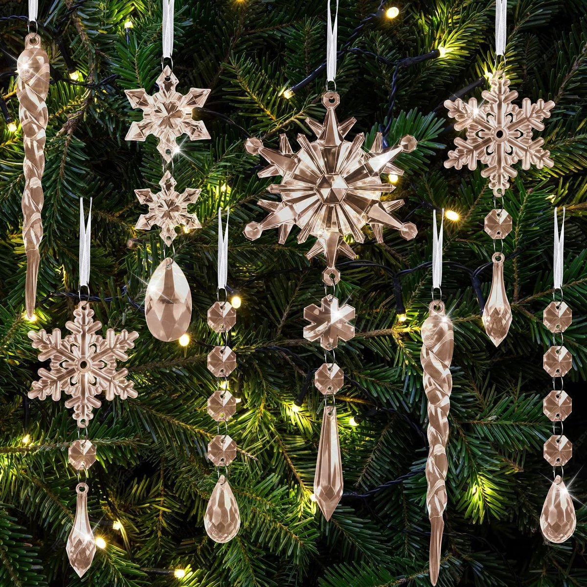 Kiiwah 16 stuks kristallen ornamenten, kerstboomversiering, acryl sneeuwvlok ijspegels druppels,kerstboom hangende - ShopVlot