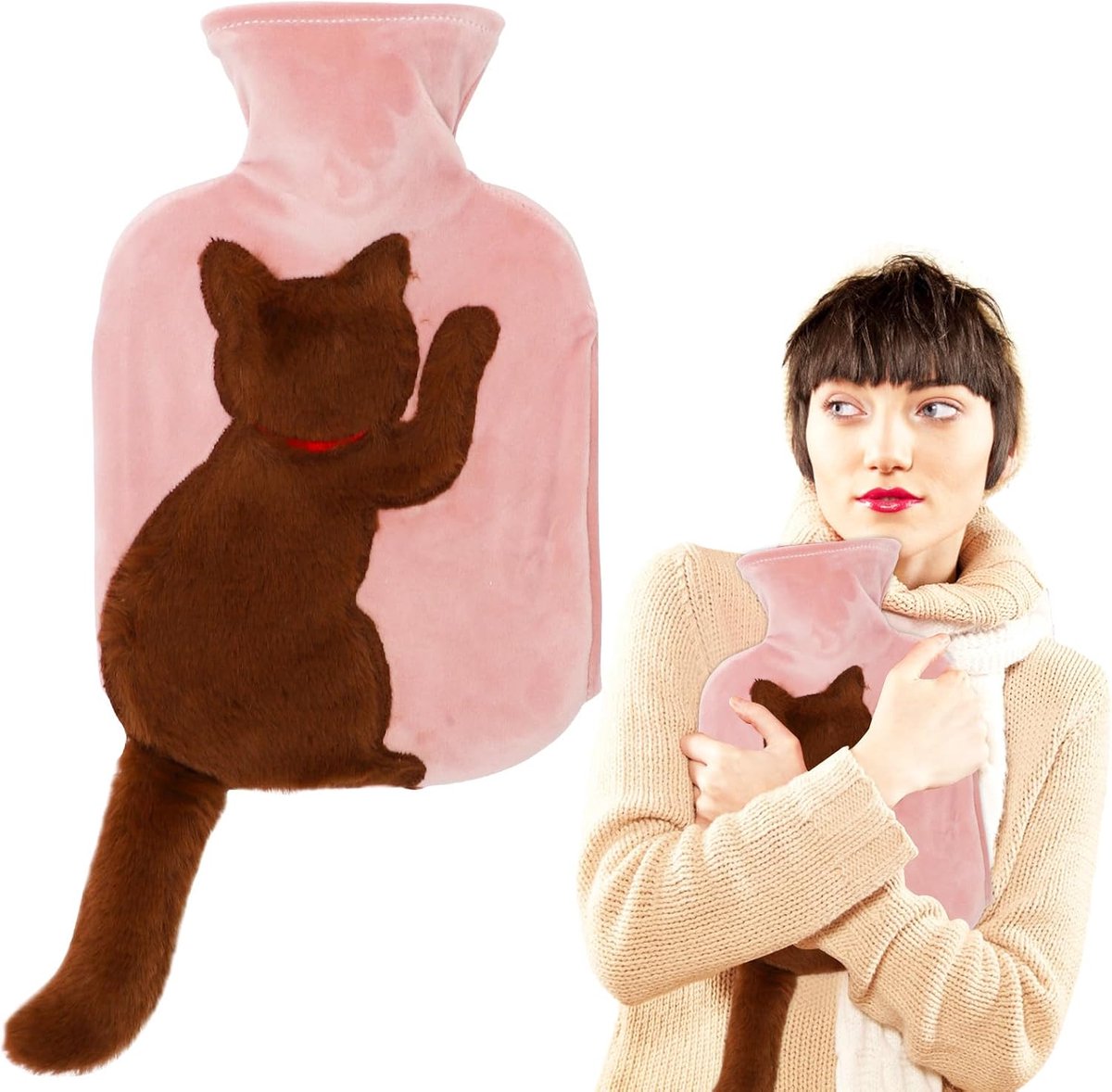 Yuragim Warmwaterkruik met overtrek, grappige warmtekruik voor kat met staart, 1 liter, bedfles met overtrek, cadeau - ShopVlot