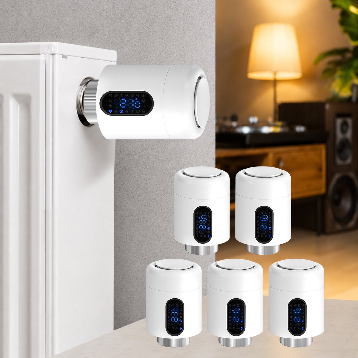 WiFi Radiatorthermostaat met App-bediening en 7 Ventieladapters – Wit – 5-pack