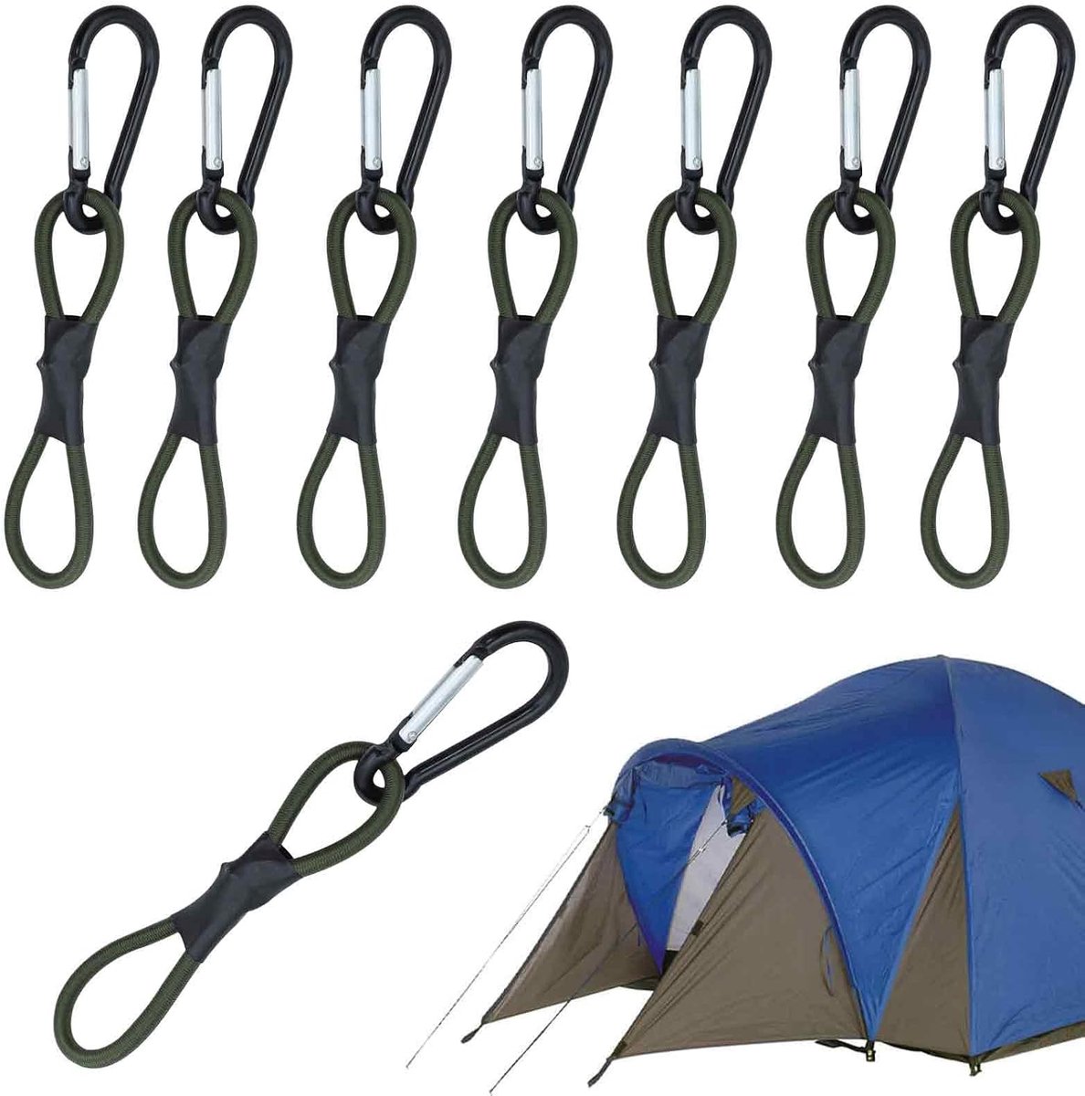 Set van 8 elastische spanbanden met karabijnhaak, 19 cm, legergroen, voor camping, tentbevestiging, dekzeil, rugzak - ShopVlot