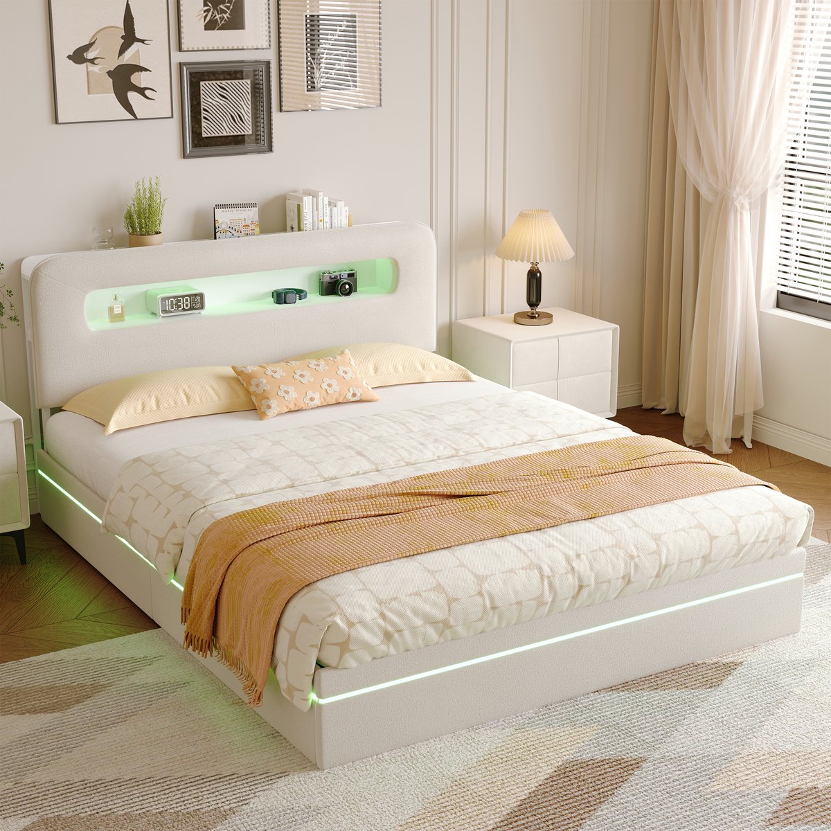 Volwassen bed 160x200 cm, tweepersoonsbed met opbergruimte, LED-verlichting en hoofdbord met opbergvak, gestoffeerd bed, fluweel, beige, zonder matras
