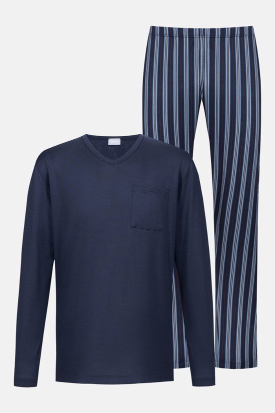 Donkerblauwe Mey pyjamaset met V-hals shirt met borstzak en gestreepte broek.